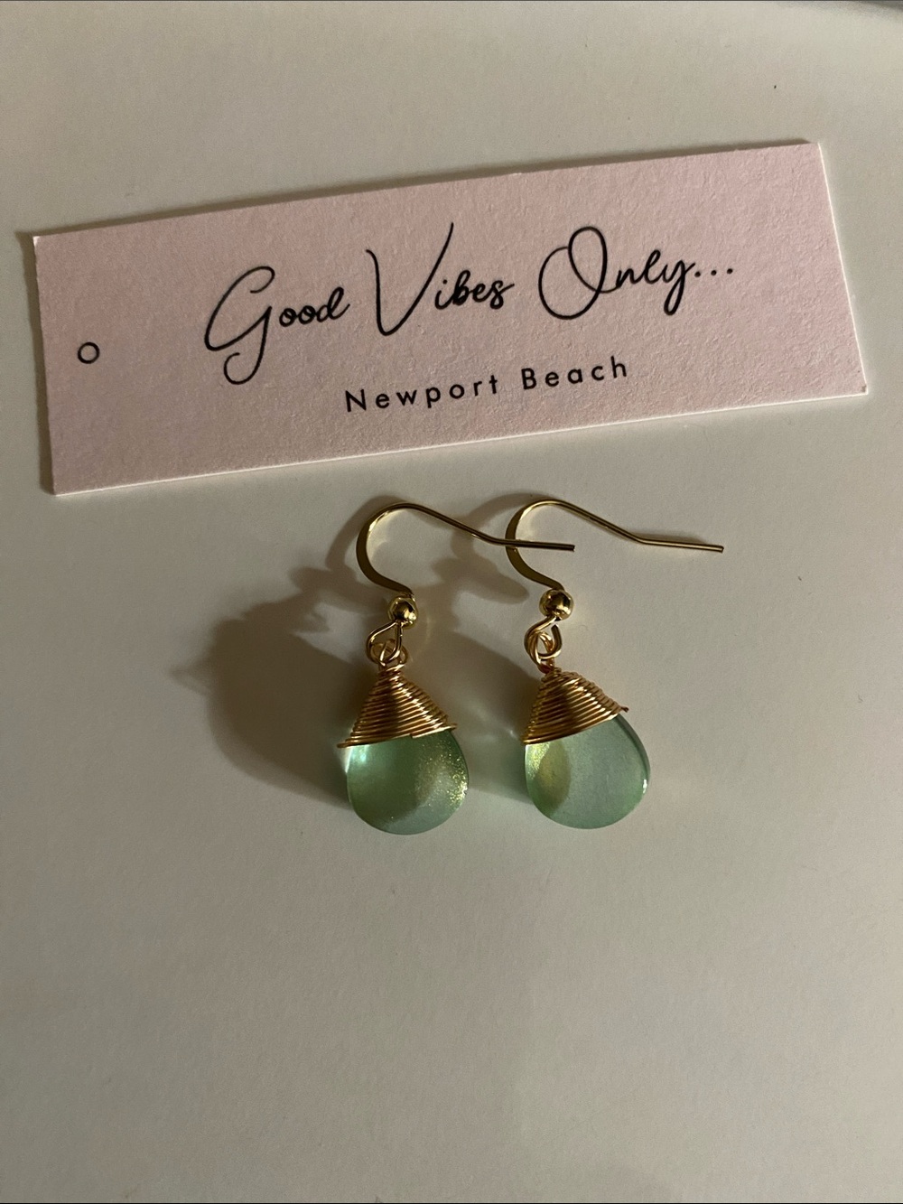 Gold-Wire Mint Teardrop Earrings